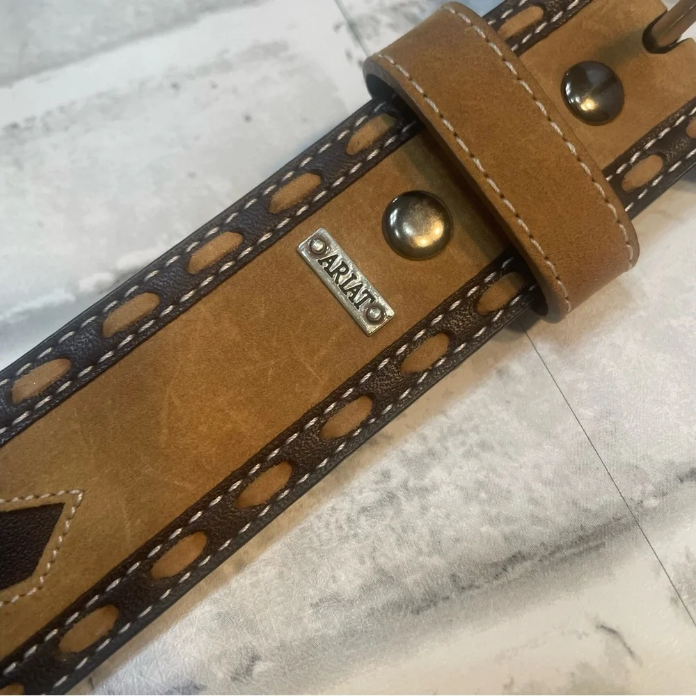 Ariat Two-Tone Tan and Brown Western Leather Belt with Ornate Silver Buckle. 38.